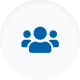 Icon of three blue silhouetted people in a group against a white circular background.
