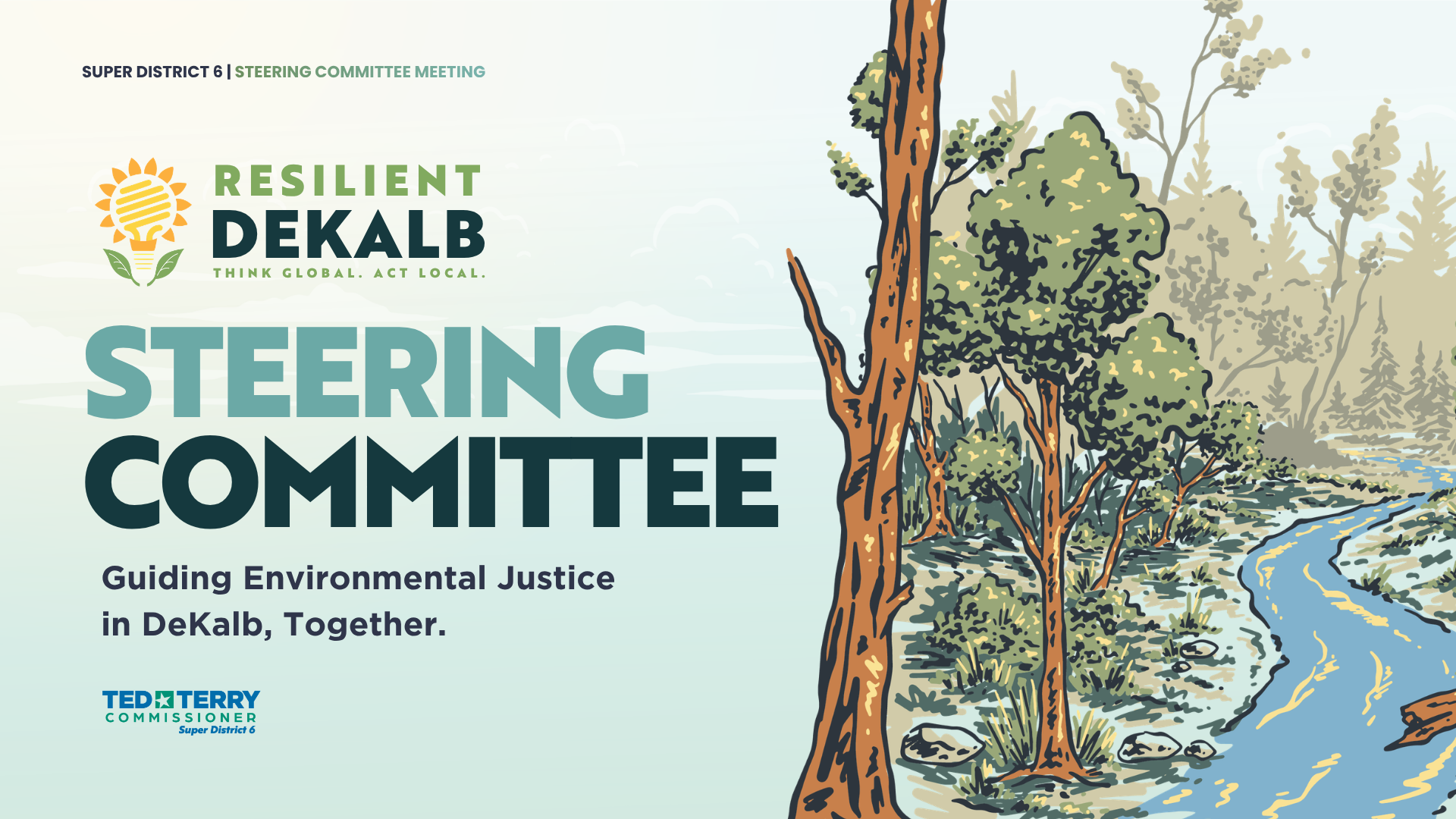 Resilient DeKalb Steering Committee meeting flyer with trees and a blue river illustration.
