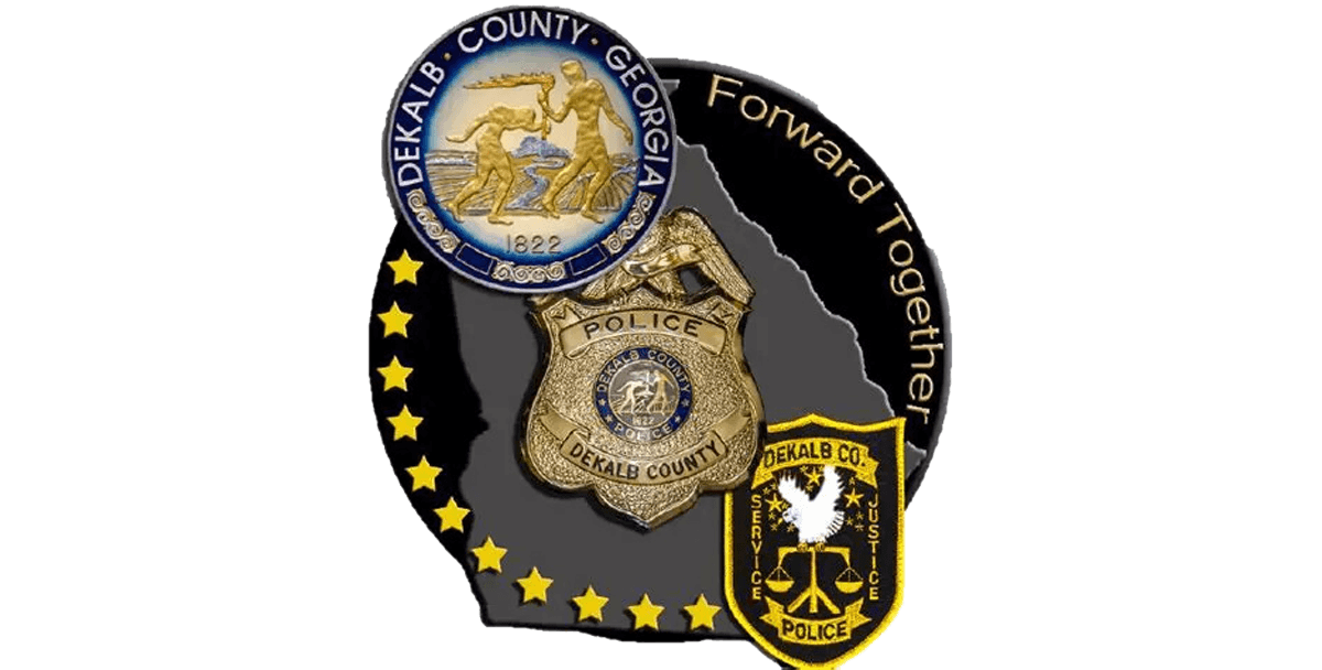 DeKalb County police badges and Georgia map surrounded by stars, with the words "Forward Together".