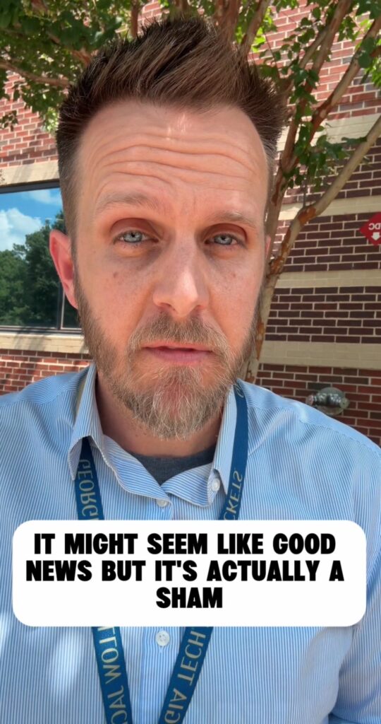 Man outdoors with text overlay: "It might seem like good news but it's actually a sham.