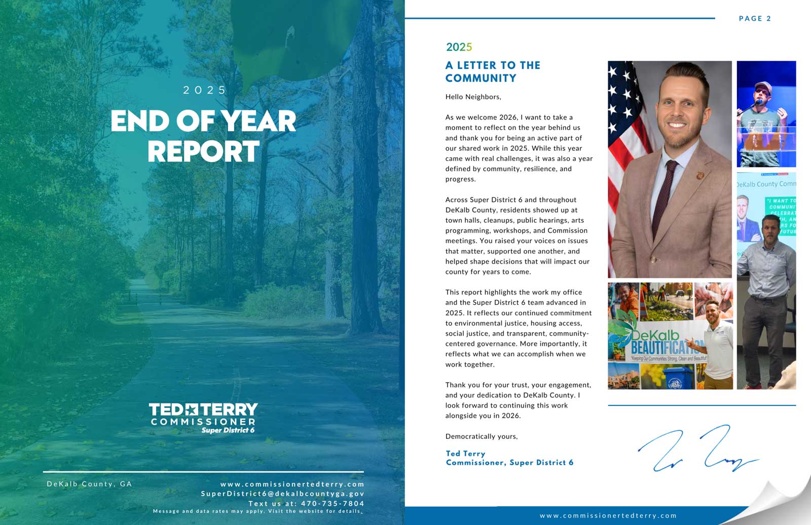 2025 DeKalb County End of Year Report cover featuring a letter from Commissioner Ted Terry and various community images.