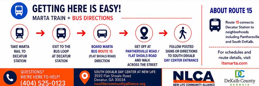 MARTA travel instructions from Decatur Station to South DeKalb Day Center via Route 15 bus and walking directions.