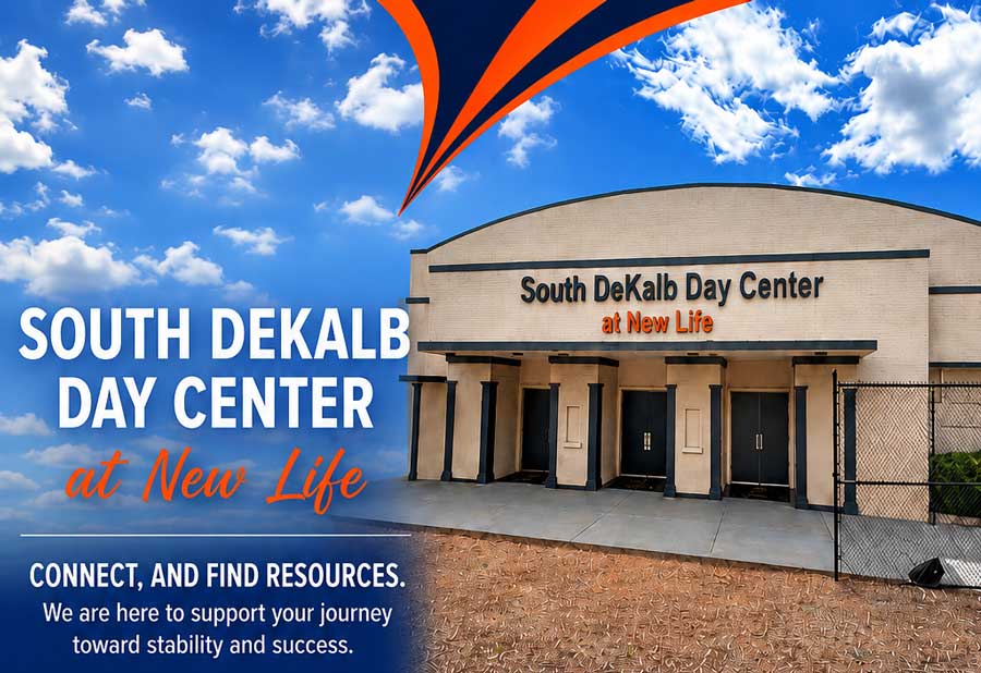 South DeKalb Day Center at New Life building under blue sky, offering connection and resources for stability and success.