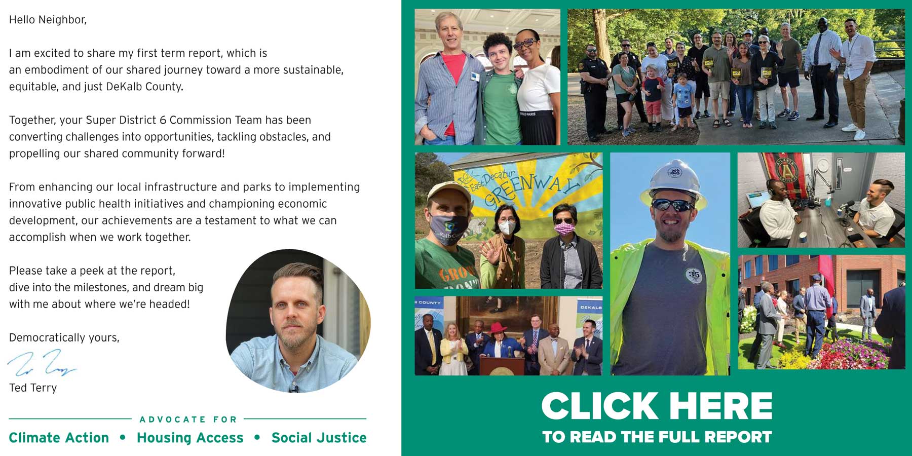 Collage with community events, a letter, Ted Terry's portrait, and call-to-action for the full report on sustainability initi