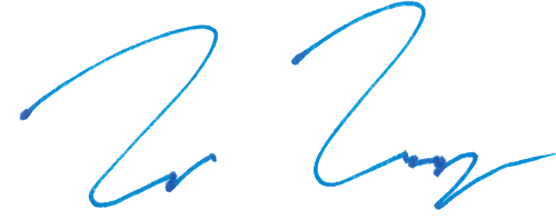 Two stylized blue cursive signatures with looping strokes on a white background.