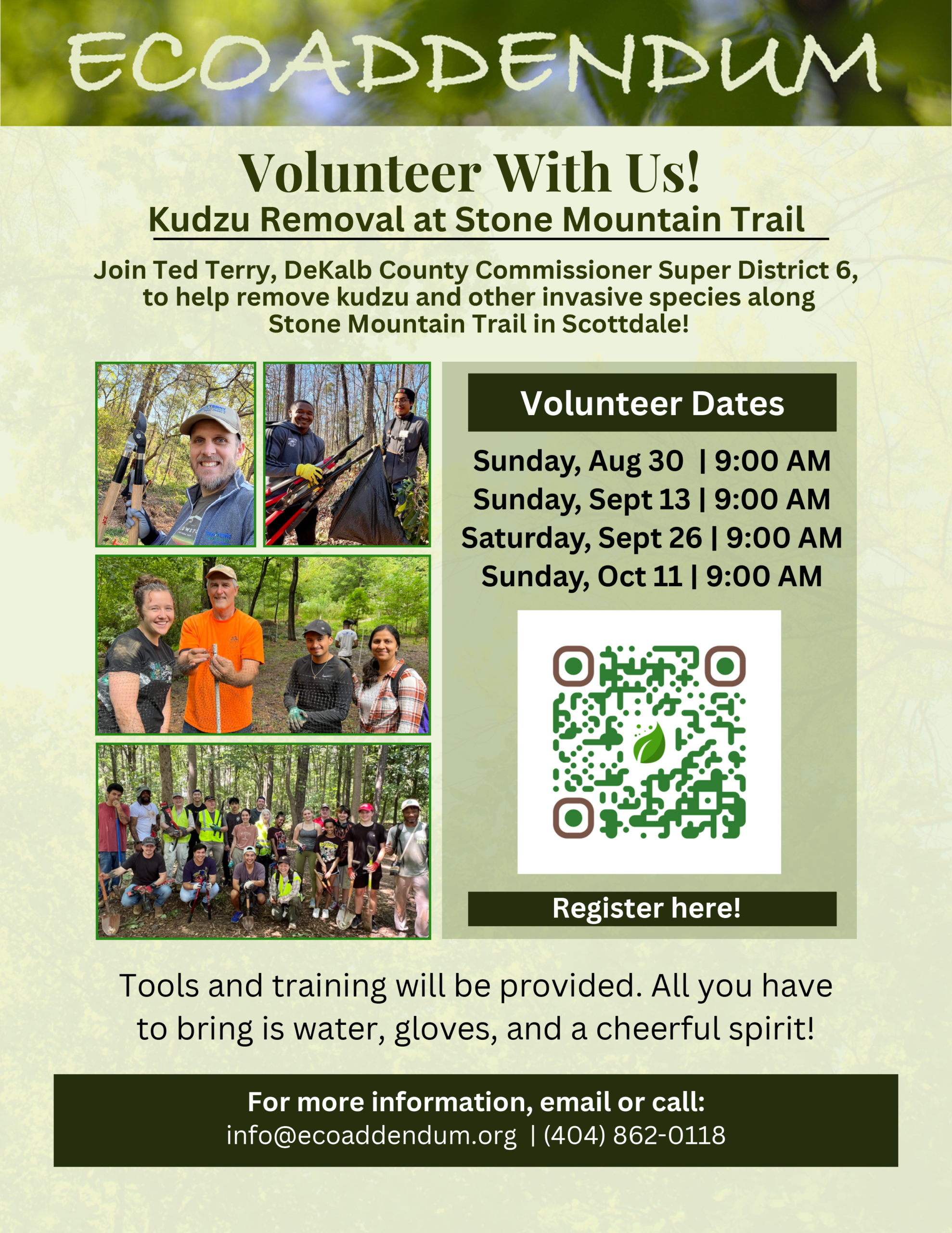 Volunteer event for kudzu removal at Stone Mountain Trail; includes dates, registration QR code, and contact info.