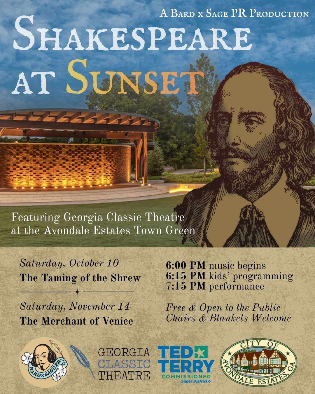 flyer for Shakespeare at sunset 2026 fall series