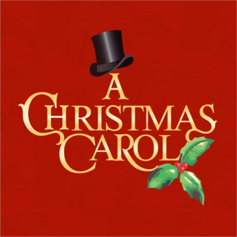 Christmas carol text in gold on red background with top hat in center and mistletoe in bottom right