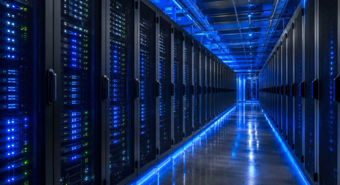 A brightly lit hallway in a data center with rows of server racks and blue LED lights.