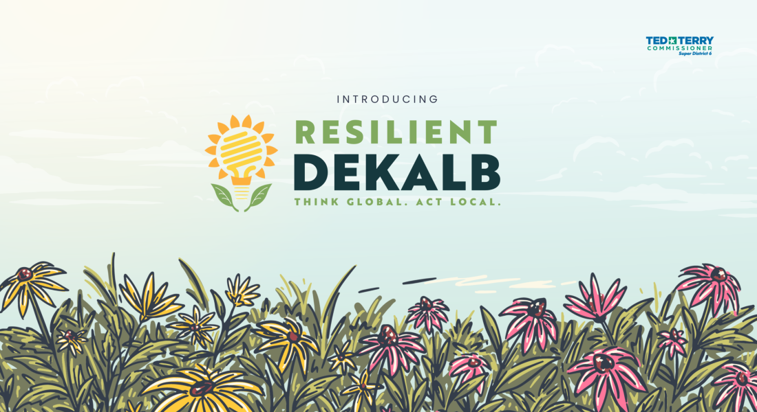 Resilient DeKalb" text with sunflower and wildflowers emphasizing local sustainability and environmental resilience.