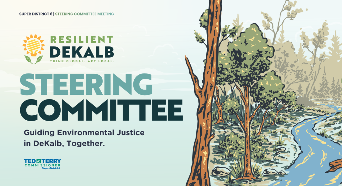Resilient DeKalb Steering Committee meeting flyer with trees and a blue river illustration.