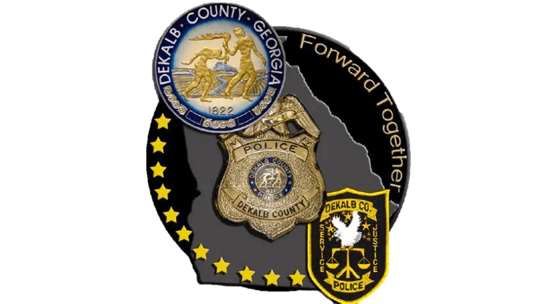 DeKalb County police badges and Georgia map surrounded by stars, with the words "Forward Together".